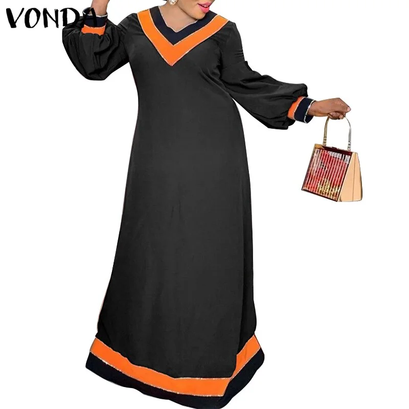 Bohemian Long Maxi Dress 2022 VONDA Women Sexy V Neck Puff Sleeve Dress Casual Long Sleeve Solid Color Party Vestido Oversized