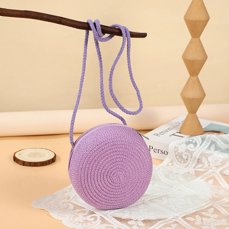 Girl’S Straw Solid Color Cute Round Zipper Shoulder Bag