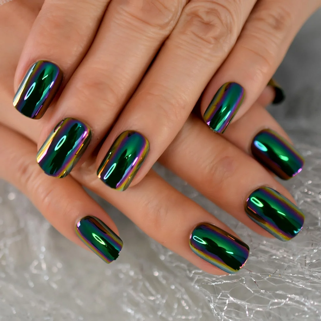 Chrome Diamond Blue Press On Fingernails Metallic Mirror Holo Fake Nails Extra Long Ladies Designed Tips for Finger-Nail Inspo