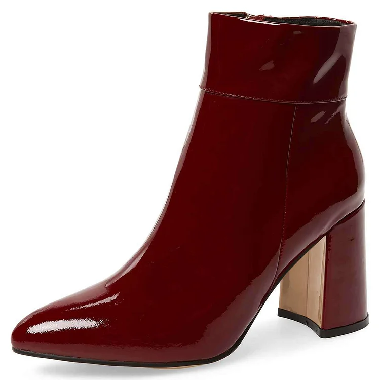 Burgundy Patent Leather Chunky Heel Ankle Boots Vdcoo