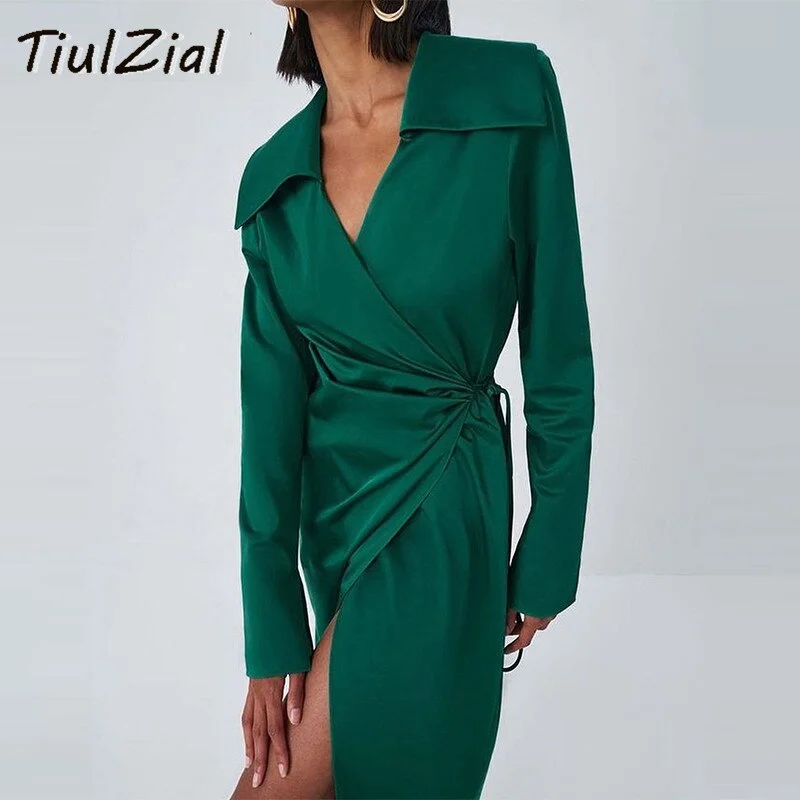 Green Long Sleeve Satin Wrap Midi Dress 2022 Nothed Lace Up Bandage Club Party Dress High Waist Vintage Shirt Dresses