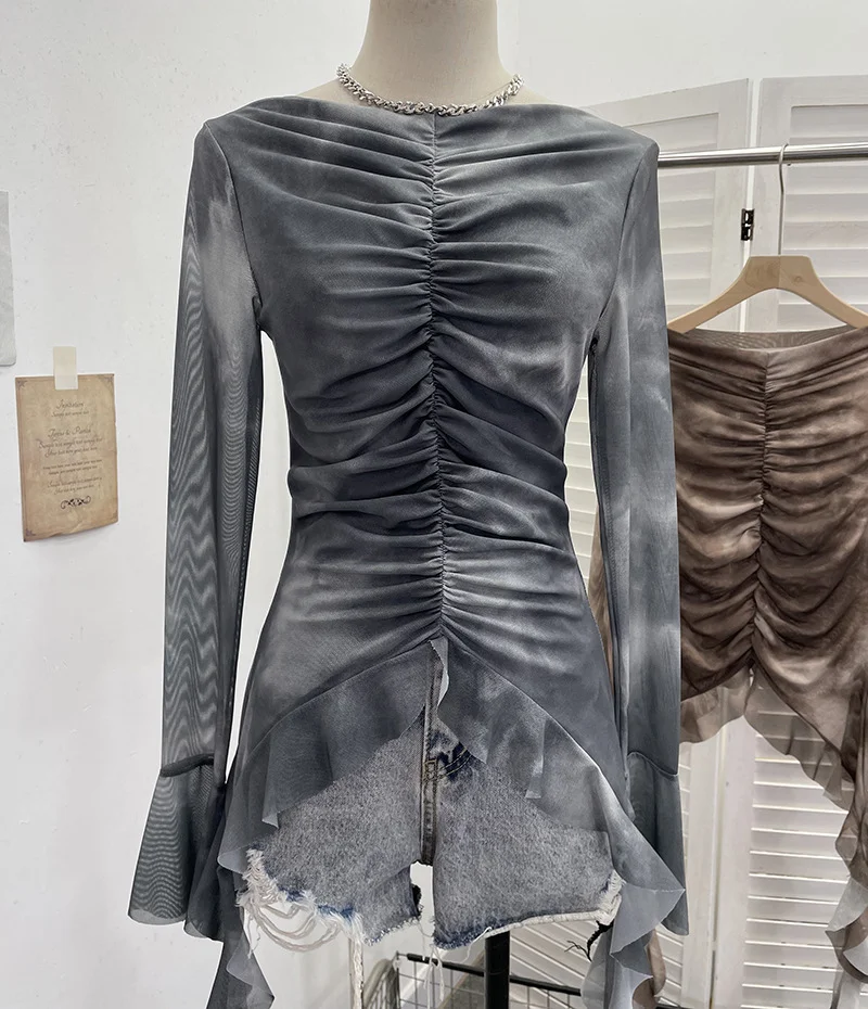 Nigikala Nigikala Shooting Hot Girl Horn Sleeve Net Yarn Bottom Shirt Girl Body Waste Wind Irregular Ribbon Long-Sleeved Top 2708