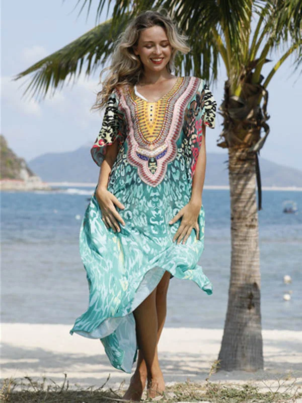 Half Sleeve V-Neck Floral Printed Split-Side Cover-Up Swimwear