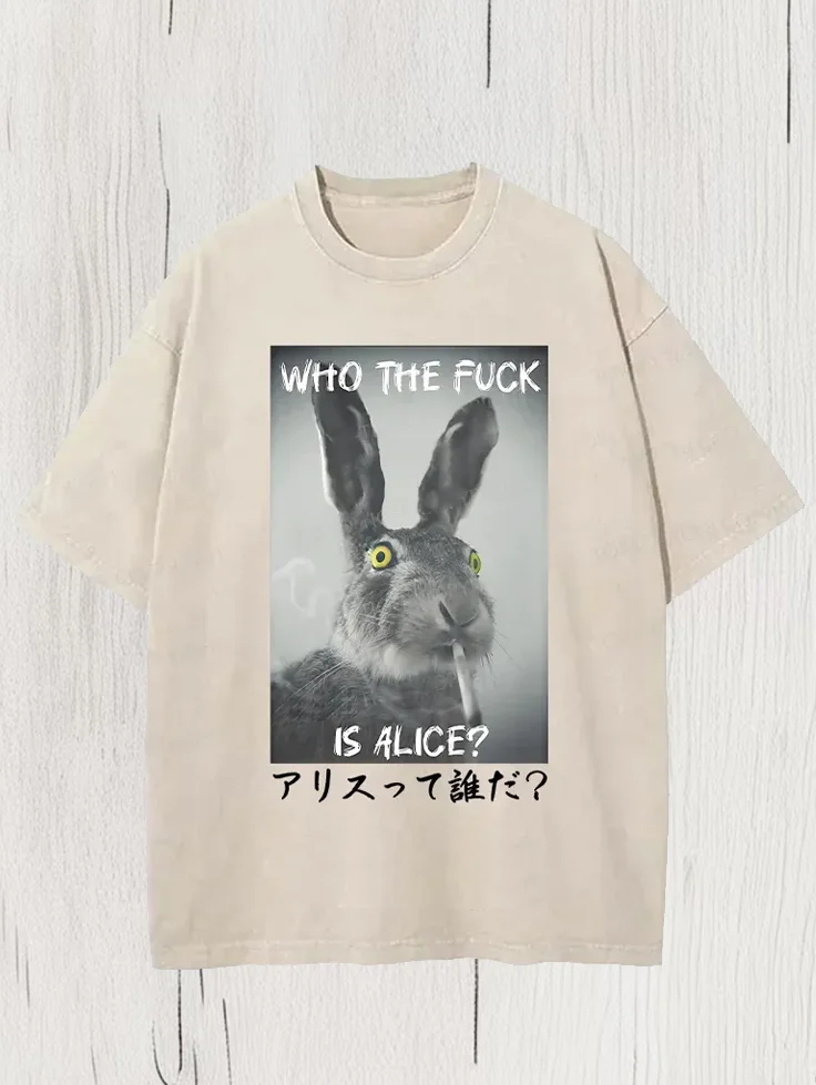 Men's Who The Fuck Is Alice Rabbit Art Print Cotton Washed T-Shirt