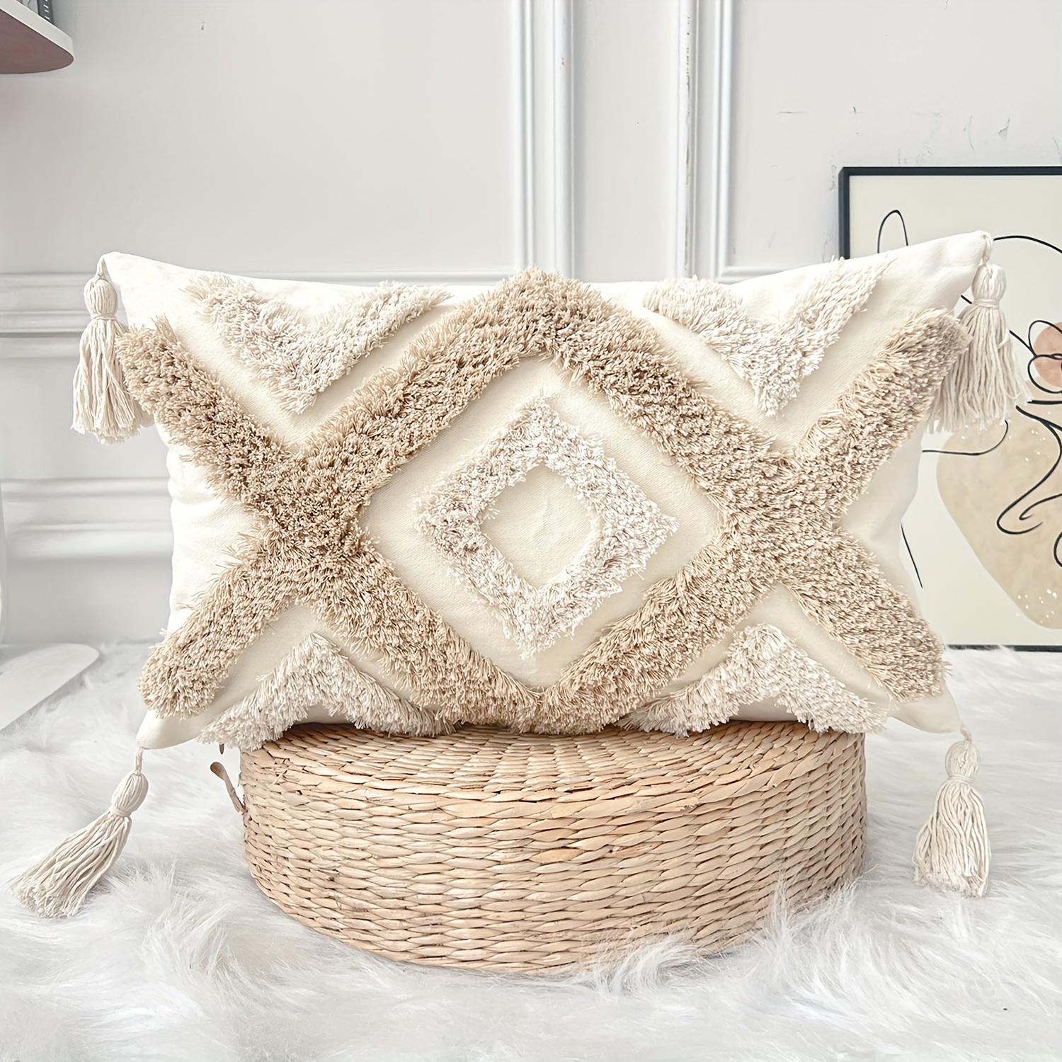 Bohemian Tufted Throw Pillow Cover 1pc - Hand-Woven Cotton & Polyester Blend with Geometric Pattern and Tassels, Zipper Closure, Textured Decorative Cushion Case for Couch Sofa, Multiple Room Use (No Insert)