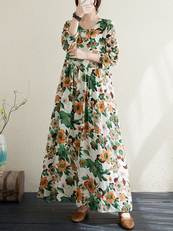 Women's Vintage Floral Dress Crew Neck High Waist Cotton Linen Dress Holiday Vacation Dress