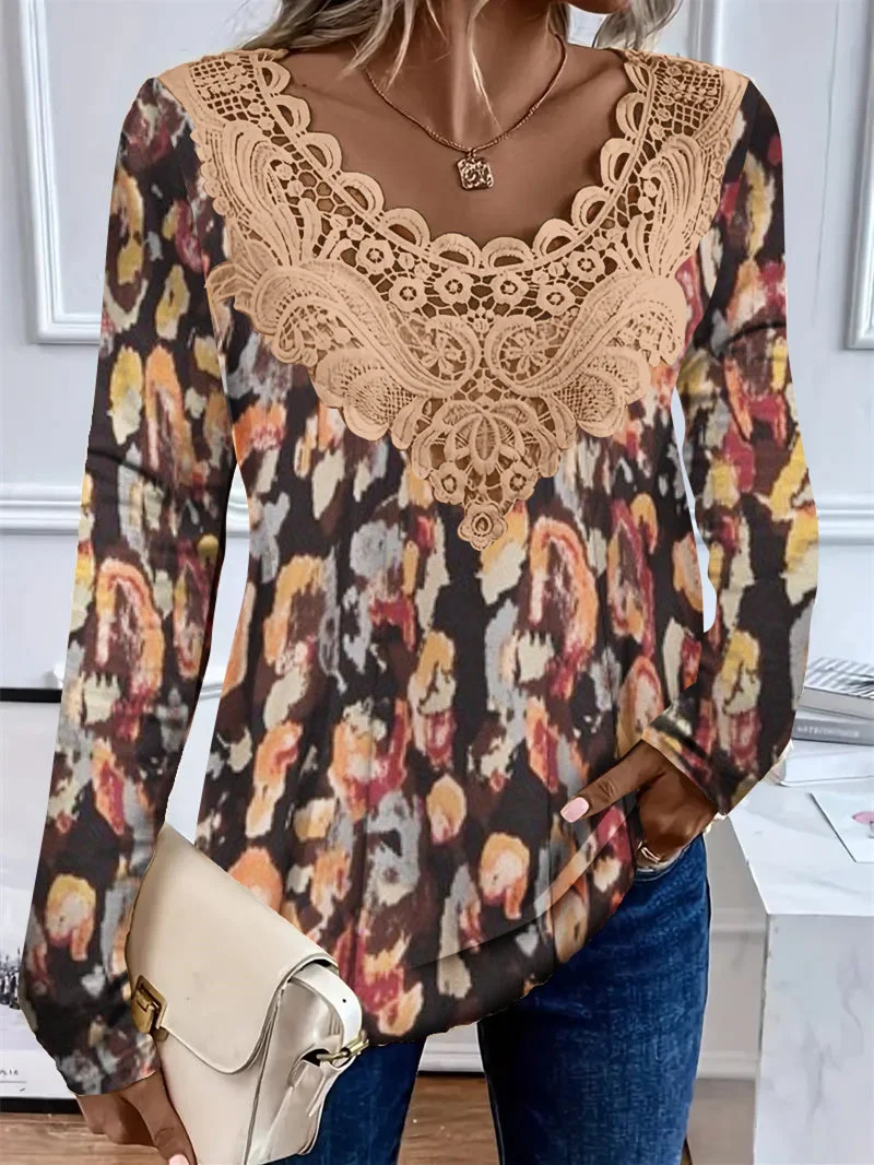 Women's Long Sleeve Scoop Neck Graphic Printed Lace Stitching Top