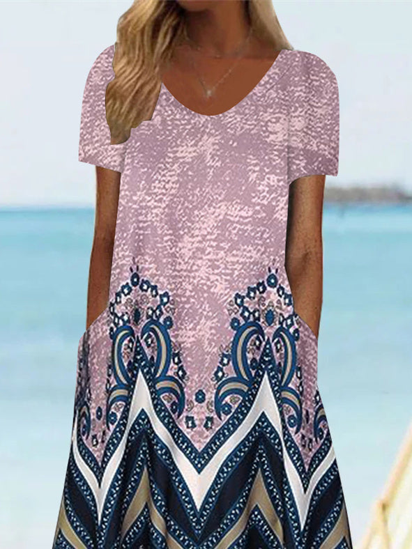 Women's Short Sleeve Scoop Neck Graphic Floral Printed Midi Dress