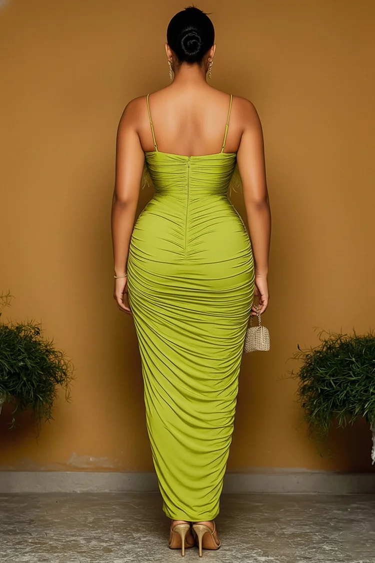 Feather Trim Spaghetti Strap High Slit Maxi Dresses-Green [Pre Order]