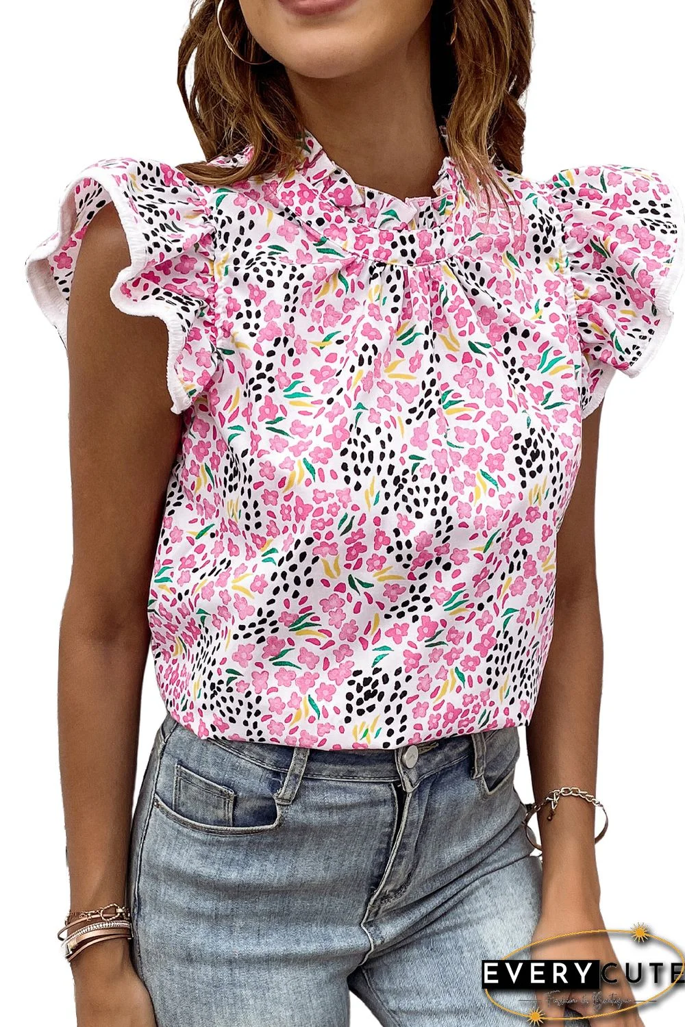 Pink Multicolor Abstract Print High Neck Flutter Sleeves Top