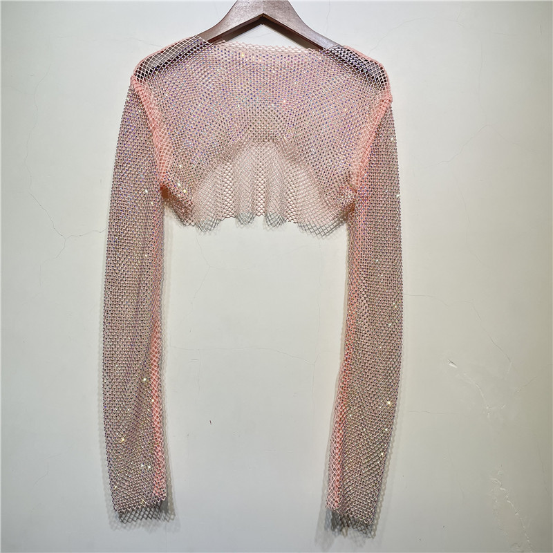 Ootddress Sparkly Crystal Crop Tops For Women Fishnet Hollow Out See Through Cropped Coat Evening Night Club Luxury Top Party Wear