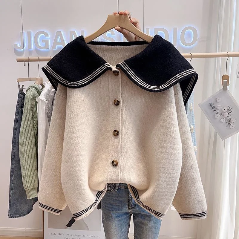 Ueong Department Autumn Winter New School Wind Navy Gets Loose Add Thick Knit Cardigan Female Bump Color Sweater Coat Female