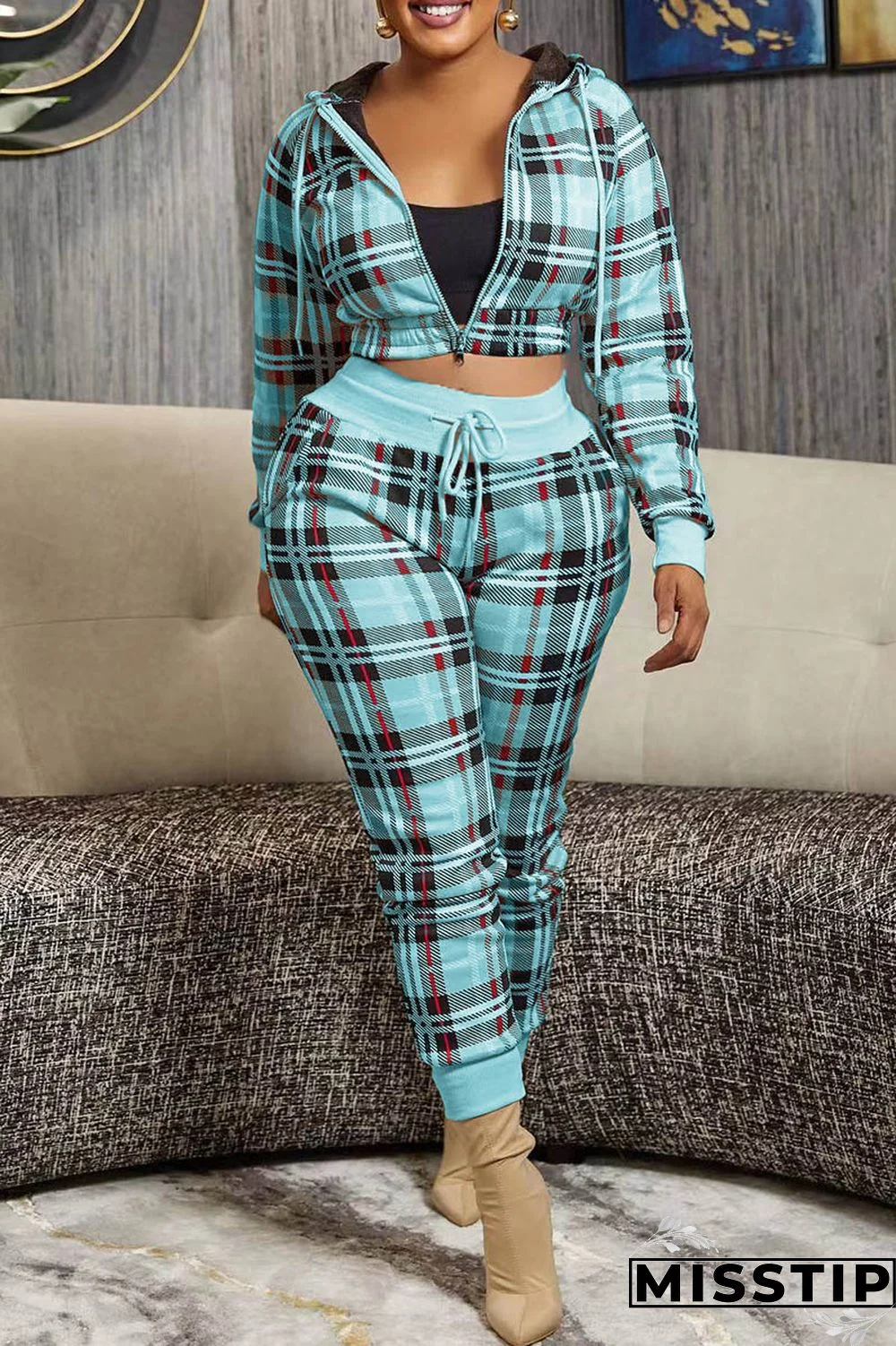 Pink Casual Plaid Print Patchwork Hooded Collar Long Sleeve Two Pieces