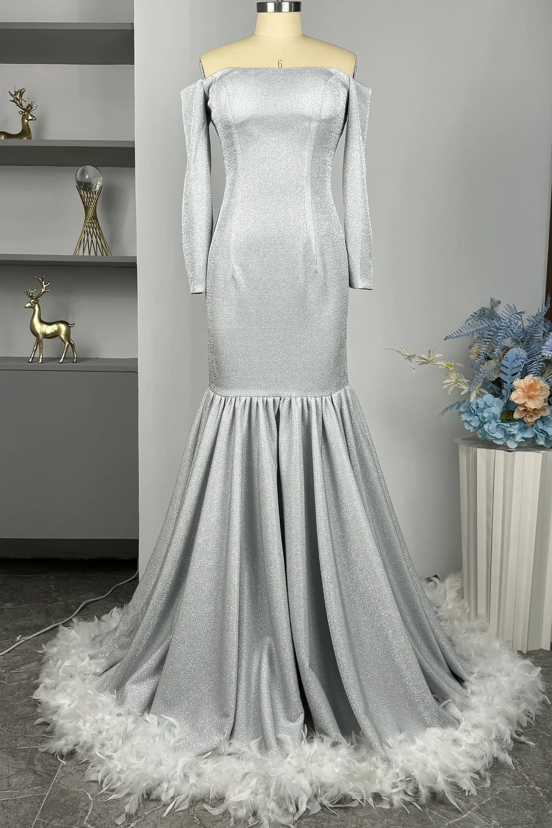 Okdais Long Prom Dress Sequins Silver Feather Long Sleeves YL0293