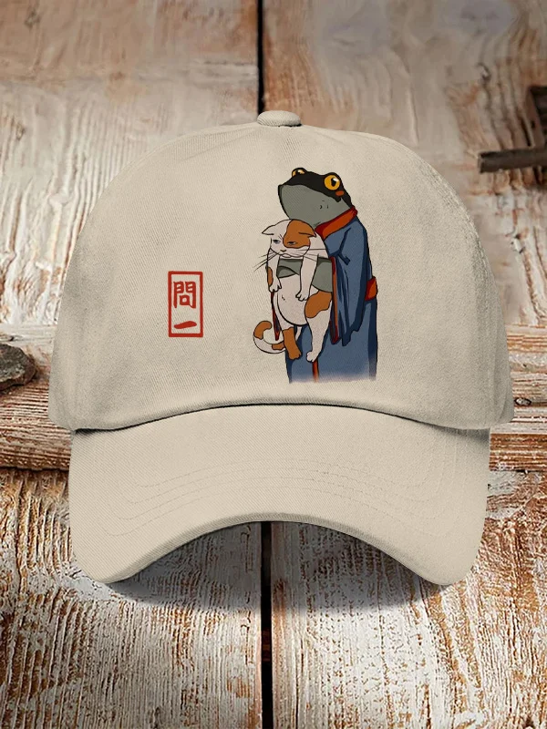 Men's Frog In Kimono And Unhappy Cat Art Painting Printed Hats