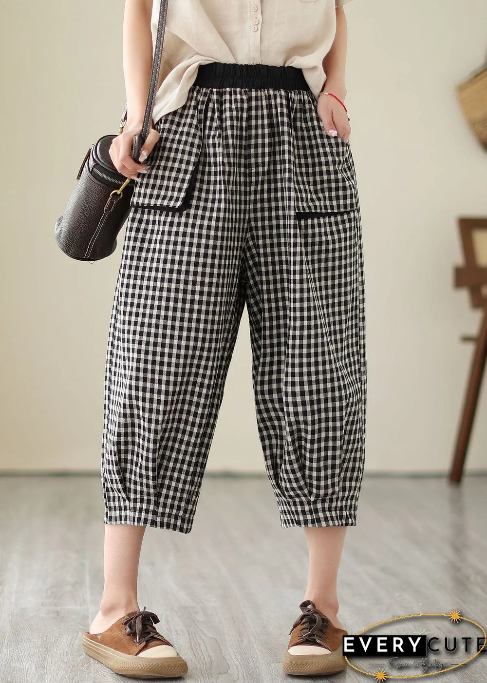 Casual Plaid Pockets Elastic Waist Patchwork Cotton Crop Pants Summer