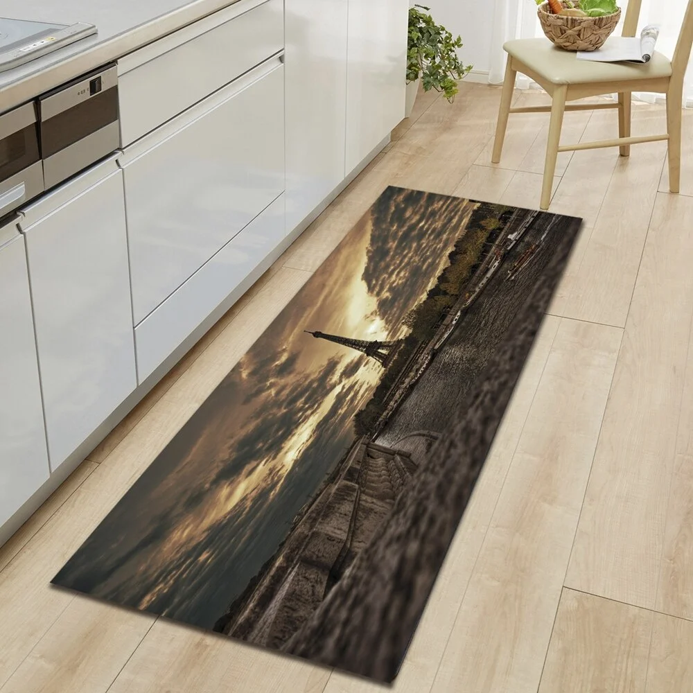 Kitchen Carpet Home Entrance Doormat Bedroom Bedside Eiffel Tower Pattern Decor Floor Rug Hallway Balcony Bathroom Anti-Slip Mat