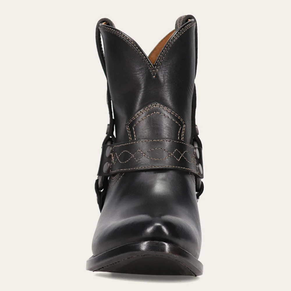 Black Pull Tab Round Toe Low Heel Studded Buckle Strap Ankle Boots