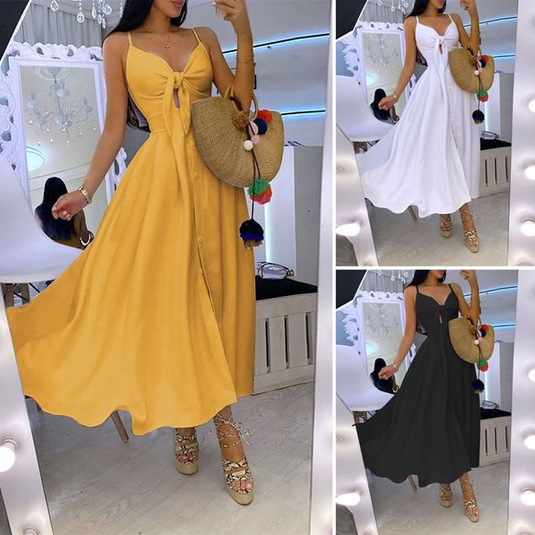 Summer Women's Sleeveless Sexy Deep-V Neck Solid Color Maxi Dress Holiday Beach Sundress Plus Size Party Tank Dress - BlackFridayBuys