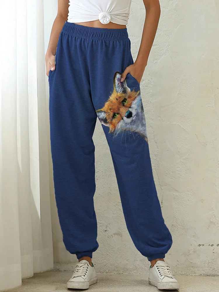🔥kukelife🔥Fuzzy Peeking Fox Painting Cozy Sweatpants