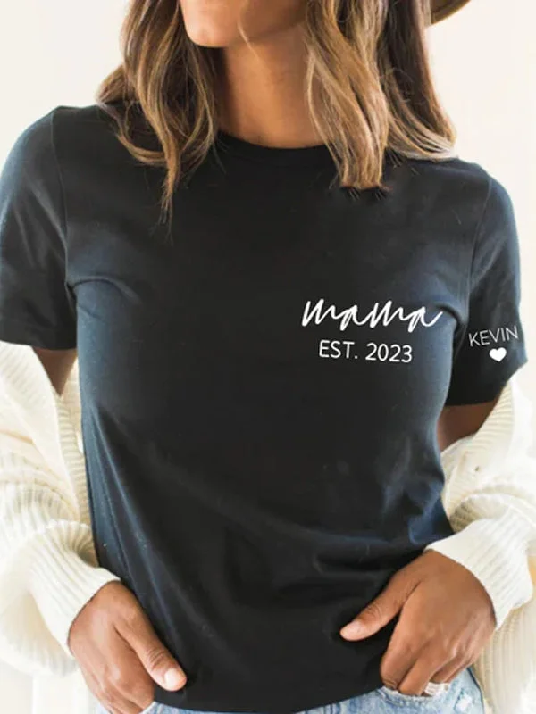 Custom Personalised Mama Est Year T-shirt, with Children's Names on the Sleeve, Mother's Day Gift