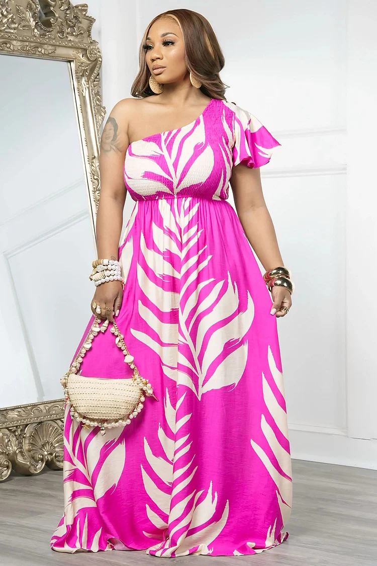 Print One Shoulder Flutter Sleeve Vacation Maxi Dresses-Fuchsia [Pre Order]
