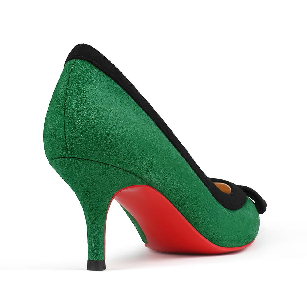60mm Pointed Toe Bowknot Red Bottom Kitten Heels Daily Pumps for Women Suede-MERUMOTE