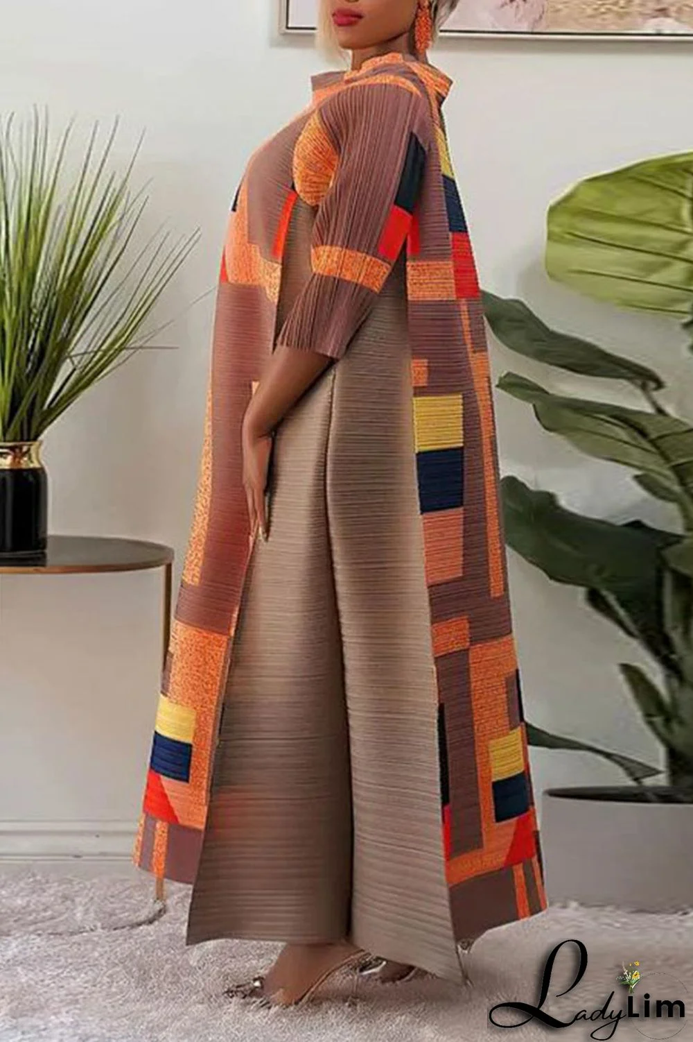 Light Coffee Street Geometric Print Patchwork O Neck Long Dress Dresses