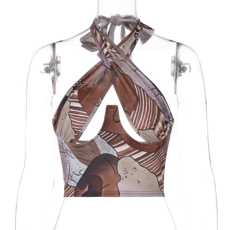 Dulzura Tie Dye Print Women Halter Crop Top Bandage Hollow Out Backless Elegant Party Club Streetwear 2021 Summer Clothes