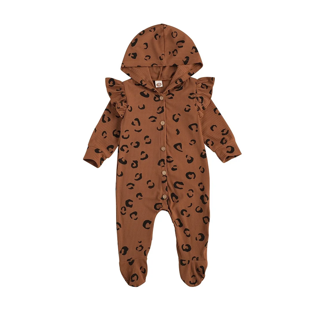 Infants Baby Girls Boys Leopard Ribbed Footies Fall Jumpsuit Knitting Hooded Long Sleeve Buttons Home Sports Sleeping Trousers