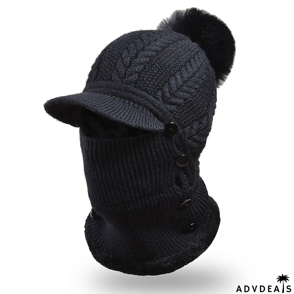 Border Hat Winter Women's One Piece Knitted Pullover Warm Cap Solid Color Ear And Face Protection Hat