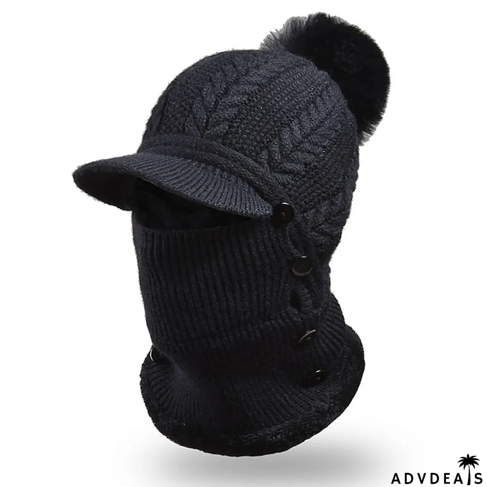 Border Hat Winter Women's One Piece Knitted Pullover Warm Cap Solid Color Ear And Face Protection Hat