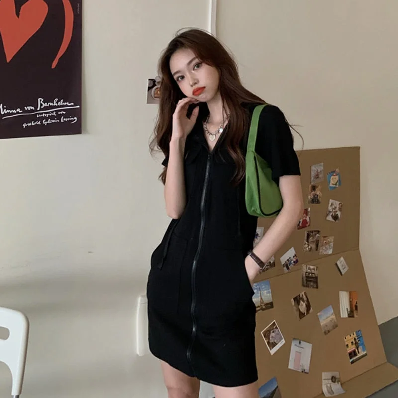 Short Sleeve Dress Women Zipper Pocket Hooded Stylish Solid Dresses Korean-style Street-wear Girls Loose Casual Fashion Ulzzang