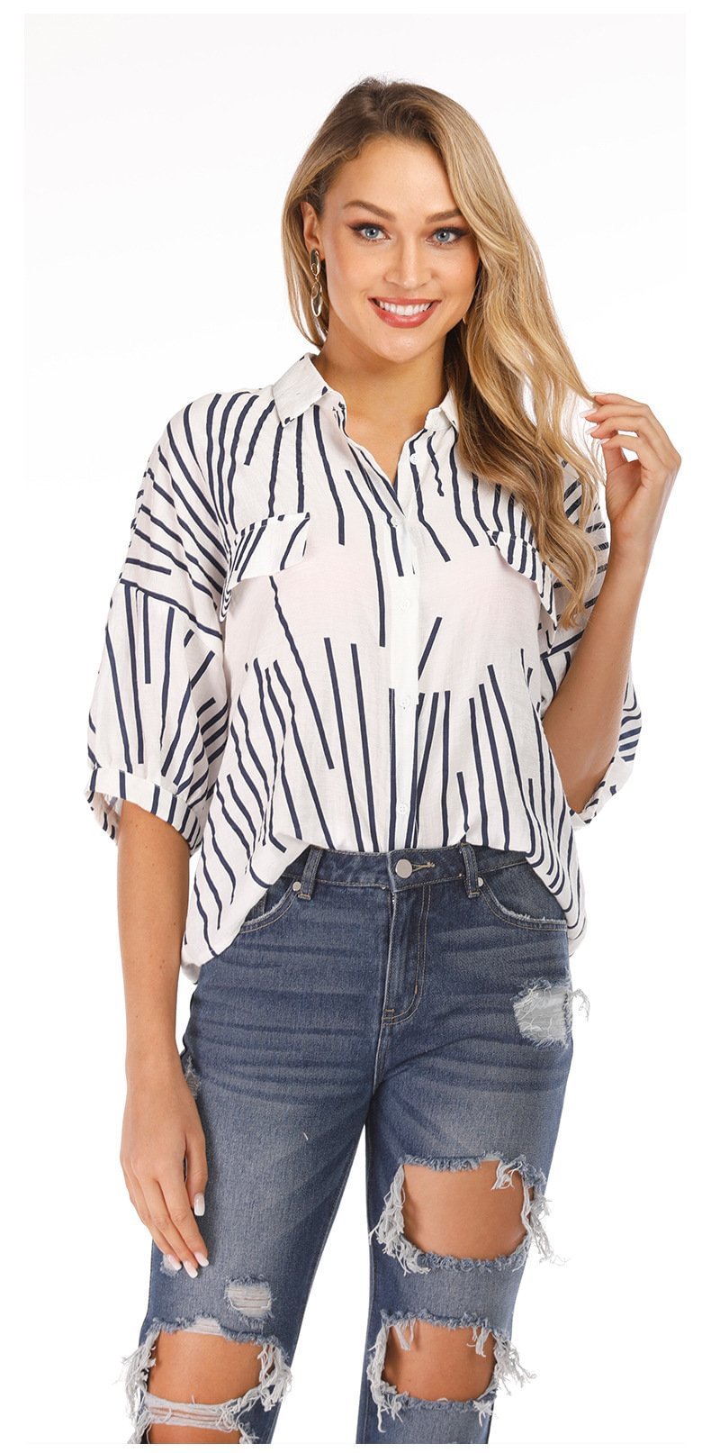 Red Chiffon Floral Print V Neck Half Bow Tie Loose Blouse-elleschic