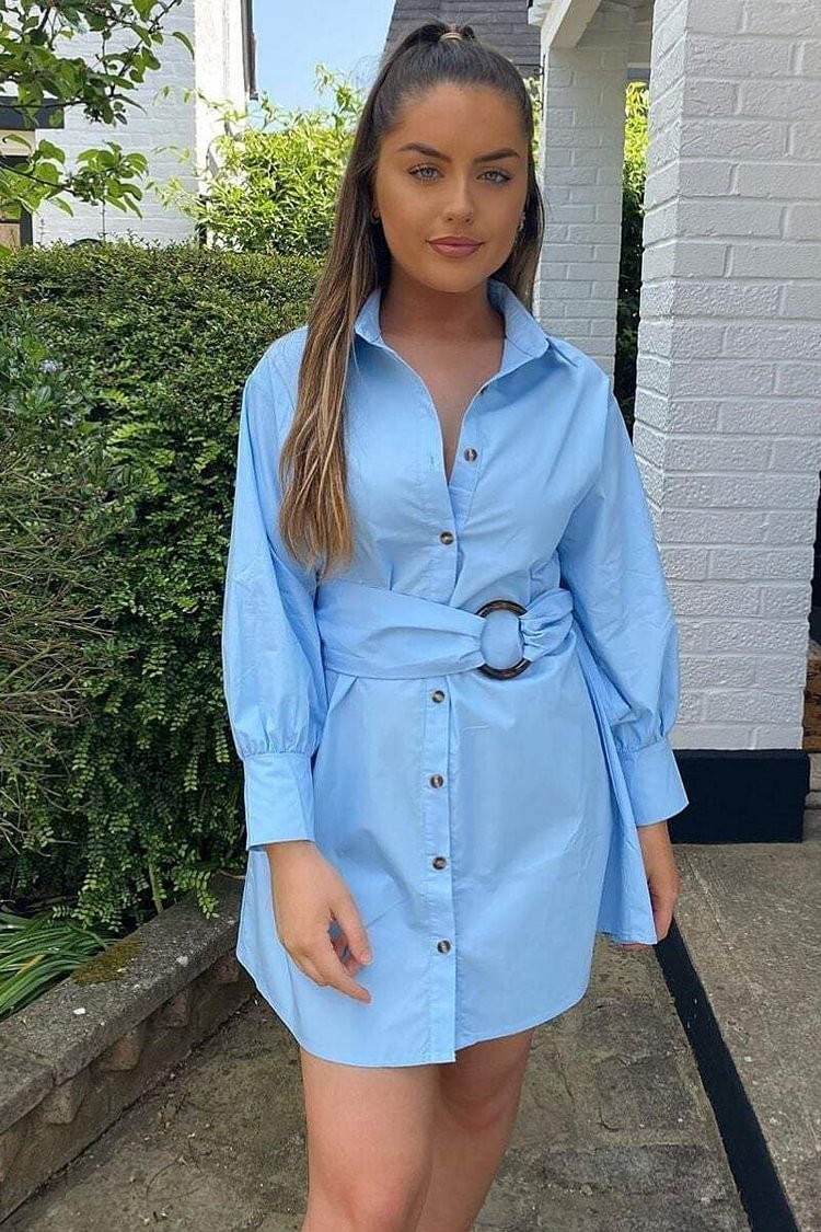 Blue Belted Shirt Dress - River Katch Me