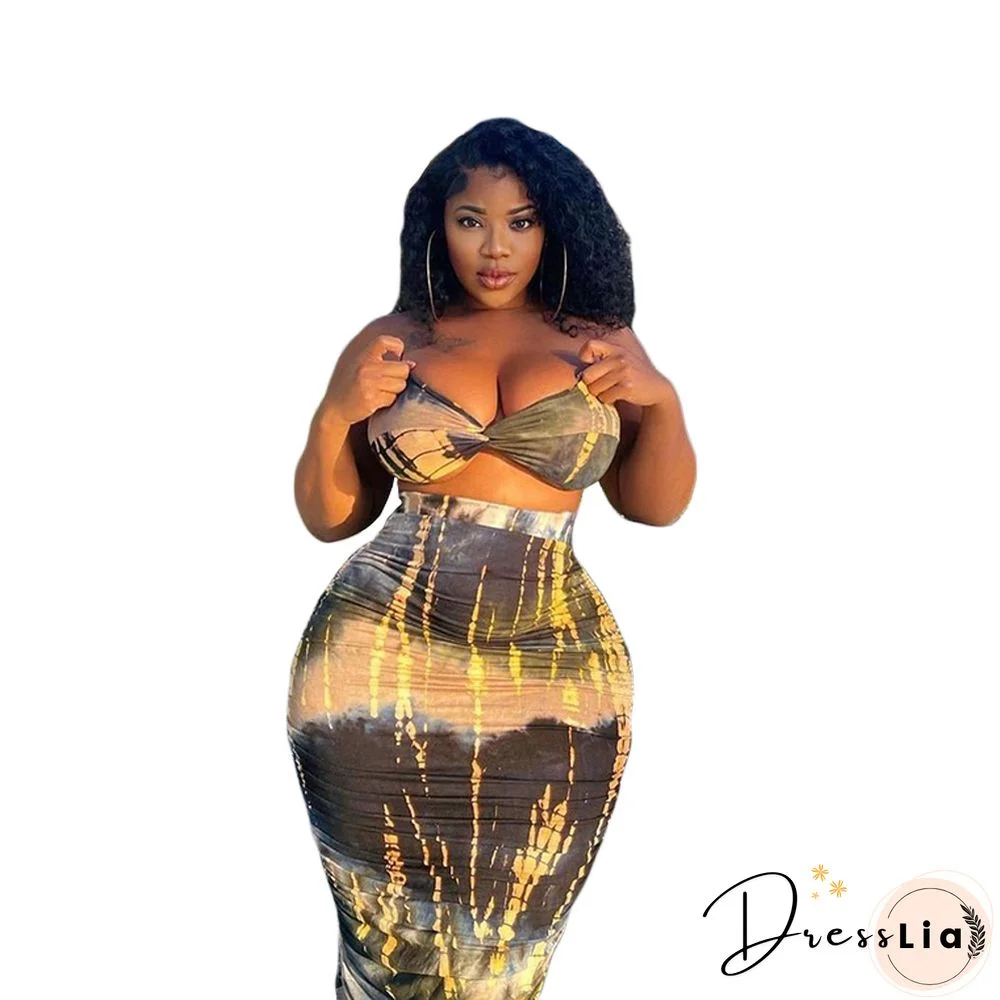 Summer Tie Dye Plus Size Fashion Clubwear Strapless Crop Top Maxi Skirts Women Sexy Two Piece Set