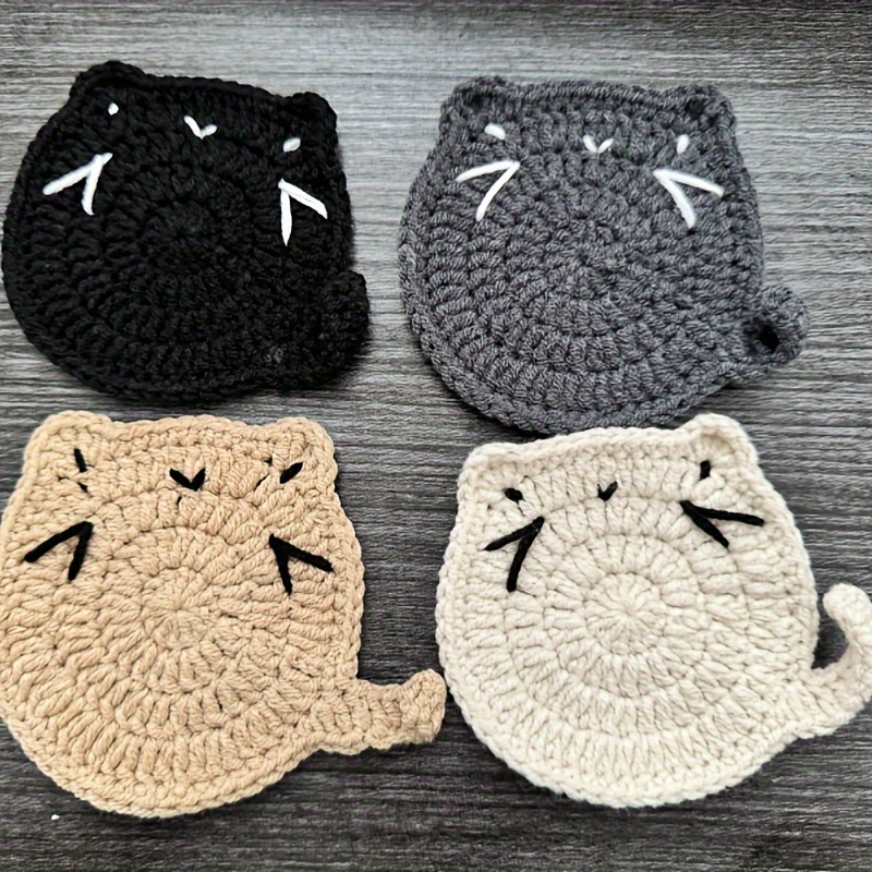 Crochet Fat Cat Coasters Set: 4 Pieces, Classic Style, Cotton Material, Suitable for Tabletop, Animal Theme, Perfect for Coffee Lovers and Home Decor