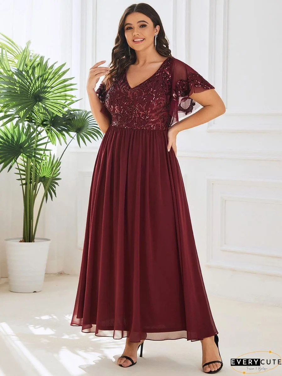 Elegant V Neck Mother of the Bride Dress with Ruffles Sleeves