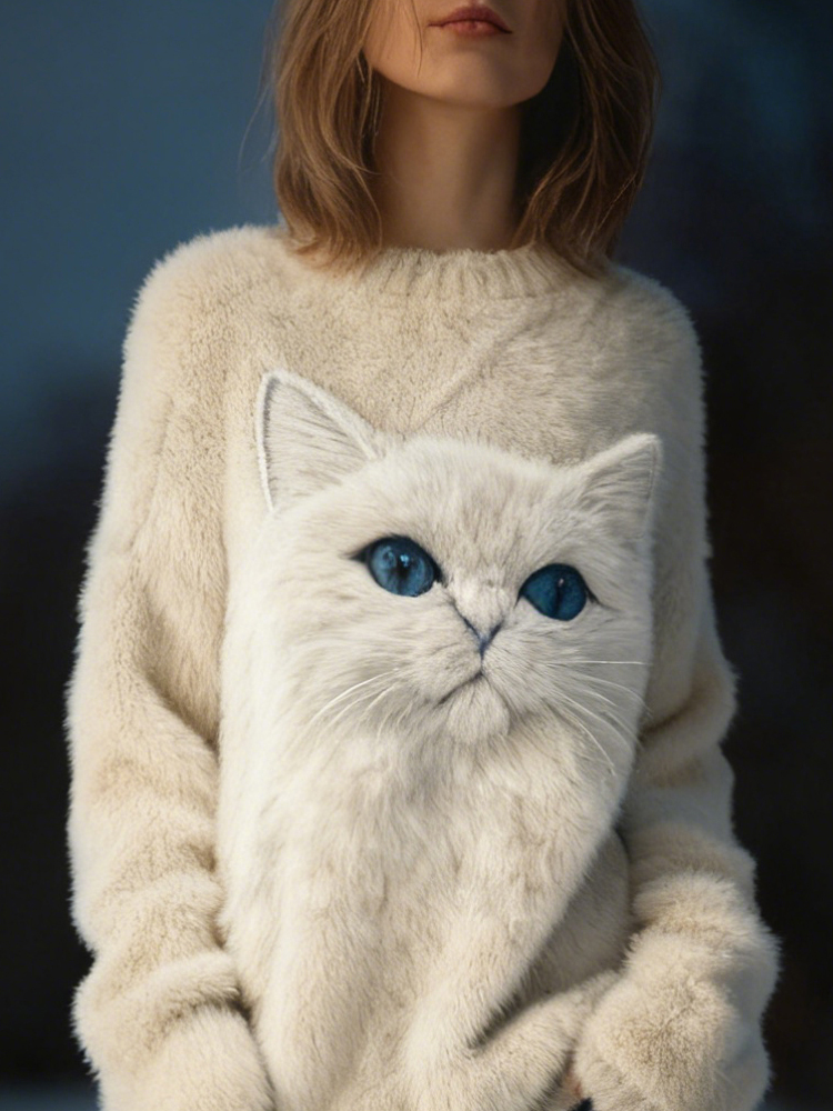 Cute Fuzzy Cat Art Round Neck Cozy Plush Sweatshirt elevenforest