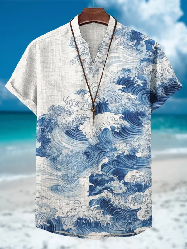 Men's Waves Watercolor Art Print V Neck T-Shirt