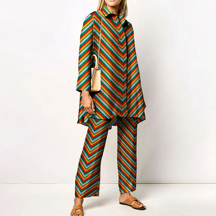 VChics Rainbow Stripe Print Casual Tunic & Pants Two-piece Set