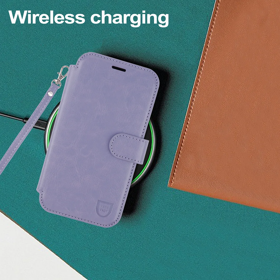 VANAVAGY Compatible for iPhone 16 Wallet Case for Magsafe Wireless Charging,Leather Flip Folio Wrist [Glass Screen Protectors & Camera Lens Protectors] with RFID Block Card Holder