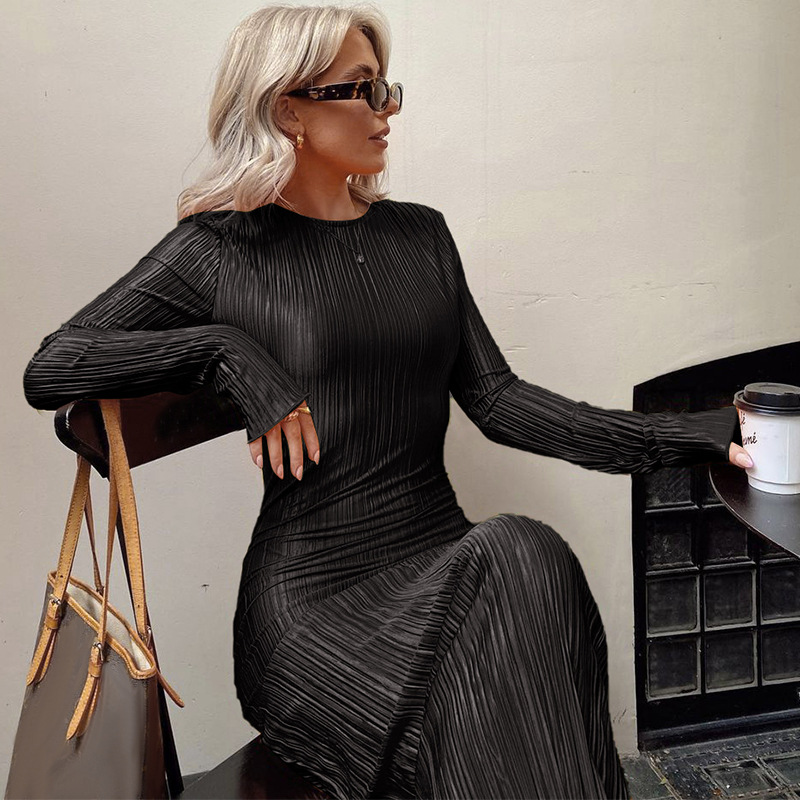 Ootddress Fashion Long Sleeve Loose Dress For Women Ribbed Casual Elegant Slim High Waist Streetwear Solid Ruffled Ladies Dress 2025
