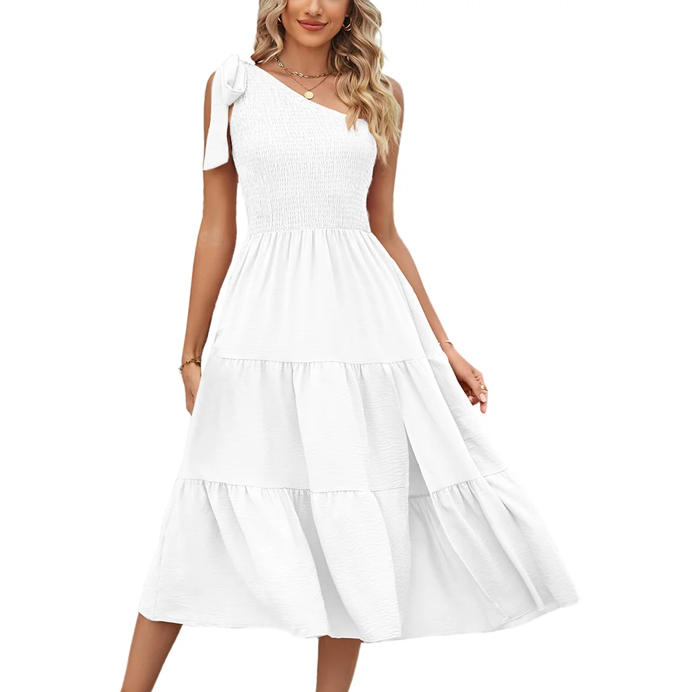 White One-shoulder Layered Casual Dress with Slit