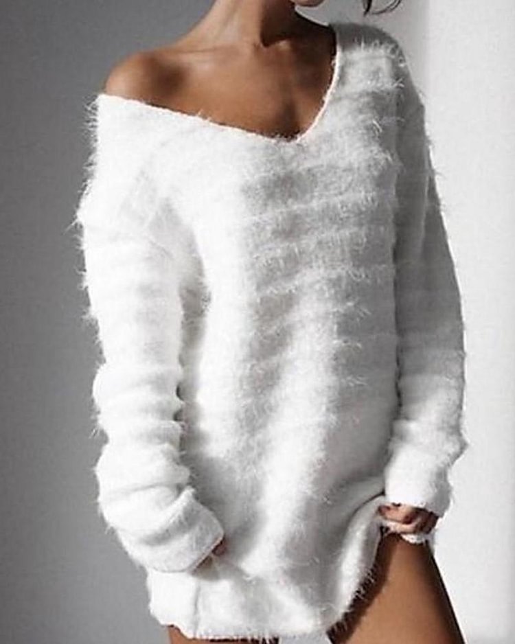 Solid Long Sleeve V Neck Sweater