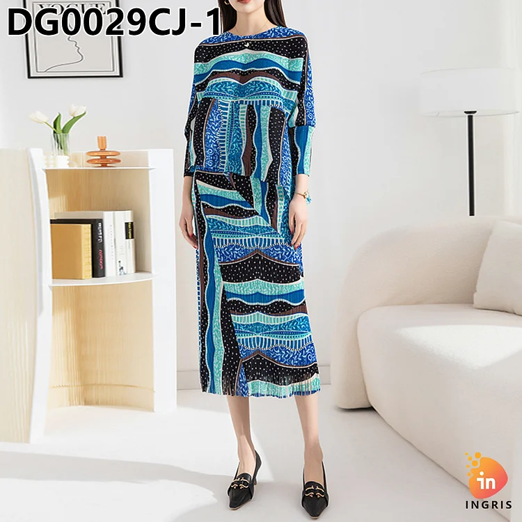 Fashion suit women's spring 2024 new wrinkled printed fringed head suit top elastic waist split in the long skirt-DG00029CJ