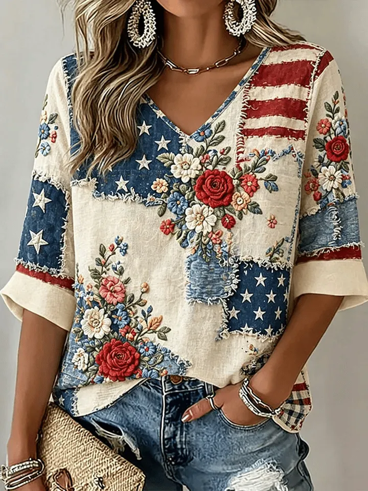 Women's U.S. 250th Anniversary Floral Art Print Casual Top 