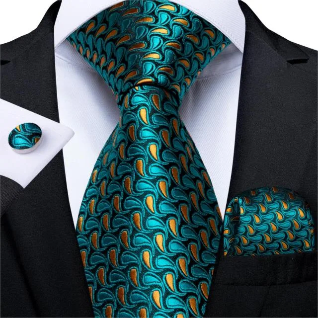 Gift Men Tie Teal Green Paisley Novelty Design Silk Wedding Tie for Men Handky cufflink Tie Set DiBanGu Party Business Fashion