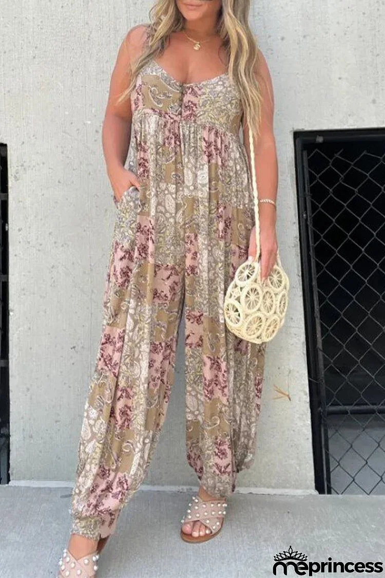 Casual Floral Pocket V Neck Loose Jumpsuits