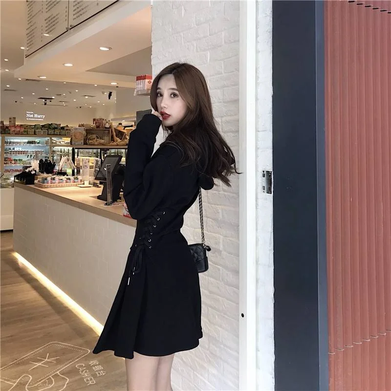 2019 Spring Korean Bandage Slim Women Dress Spring Long Sleeve Black Grey Color Female Dresses